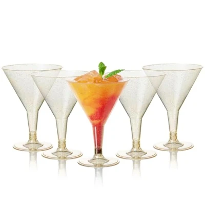 Image of MATANA 48 Premium Plastic Martini Cocktail Glasses with Gold Glitter (210ml) Elegant &amp; Reusable Manhattan, Margarita, Cosmopolitan, Desserts Weddings, Birthdays, Parties
