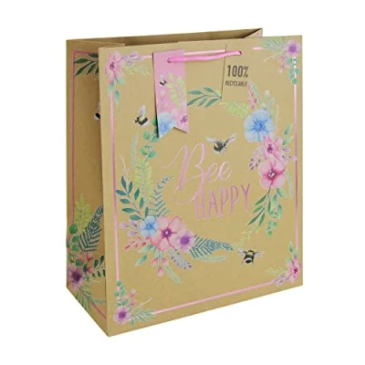 Image of Eurowrap Floral Bee Happy Brown Kraft Paper Gift Bag 100% Recyclable with Tag Spring Birthday Mothers Day Easter Valentines Large
