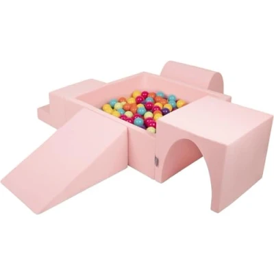 Image of KiddyMoon Foam Playground For Kids With Square Ballpit (300 Balls ∅ 7Cm/2.75In) Soft Obstacles Course And Ball Pool Made In EU, Pink:Lgreen/Yellow/Turquoise/Orange/Dpink/Purple