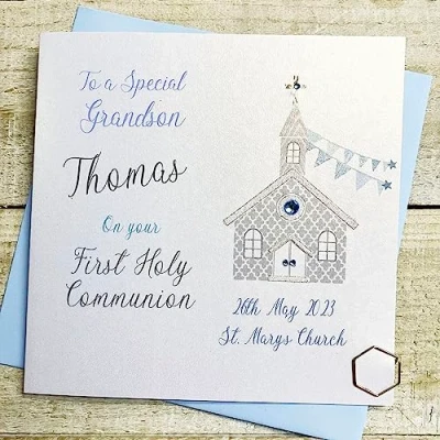 Image of WHITE COTTON CARDS GRANDSON PERSONALISED 1st HOLY COMMUNION CARD, BLUE CHURCH DESIGN, HAND FINISHED (X) P23 49 GS