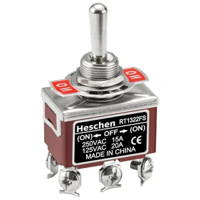 Image of Heschen Metal Toggle Switch, RT1322FS, DPDT, Momentary (ON)/OFF/(ON), 3 position, 15A 250VAC, CE