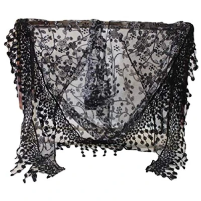 Image of Women Lace Tassel Sheer Metallic Burnt Out Floral Print Triangle Scarf Shawl (Black)