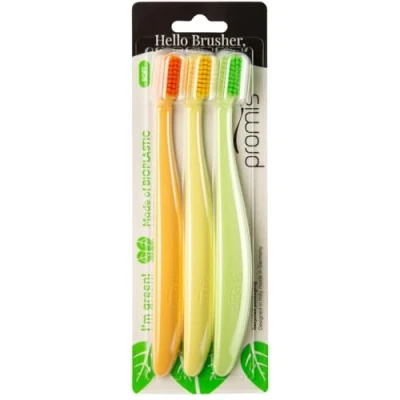 Image of promis Brush Sustainable Toothbrush Made from Renewable raw Materials bioplastic Soft 6750 bristles Recycled Packaging in Germany Italian Design Ergonomic Handle (triopack, Color)