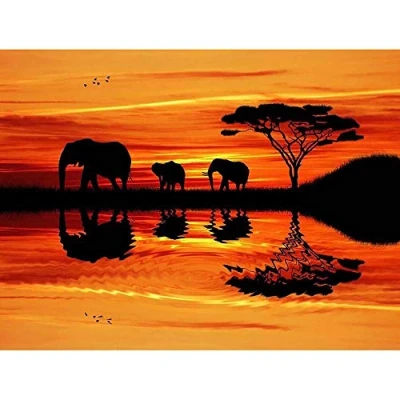 Image of Wee Blue Coo Photo Composition African Elephant Silhouette Sunset Art Print Poster Wall Decor 12X16 Inch