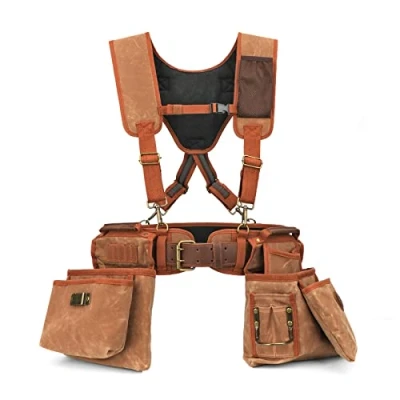 Image of TOURBON Wax Canvas Carpenters Tool Belt with Suspenders Detachable Electrician Pouches Hammer Loop