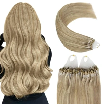 Image of YoungSee Micro Loop Hair Extensions Blonde Bead Human Dark Ash Highlights Golden Ring Extension 20 inch 1g/s 50g