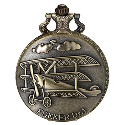 Image of JewelryWe Men Airplane Pocket Watch Vintage Fokker DR.1 Pendant Bronze Necklace with Chain