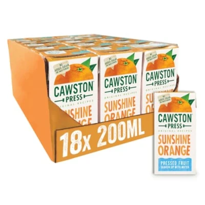 Image of Cawston Press Sunshine Orange Fruit Water Kids Drink Pressed Flavoured 200ml x 18 Pack Juice Cartons School Approved No Added Sugar Vegan Ideal for Lunchbox