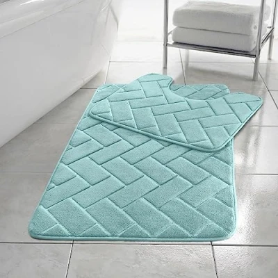 Image of HomeSpace Direct Blocks Non Slip Memory Foam Bath Mat/Toilet Mat Set Aqua Blue