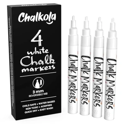 Image of Fine Tip White Chalk Pens Pack of 4 Markers Use on Chalkboard, Windows, Blackboard, Signs, Glass, Bistro Water Based Wet Wipe erasable Pen 3mm Reversible Bullet &amp; Chisel