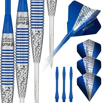 Image of Unicorn Steel Tip Darts Set Sigma 900 90% Natural Tungsten Barrels with Blue Accents &amp; Volute Points 21 g