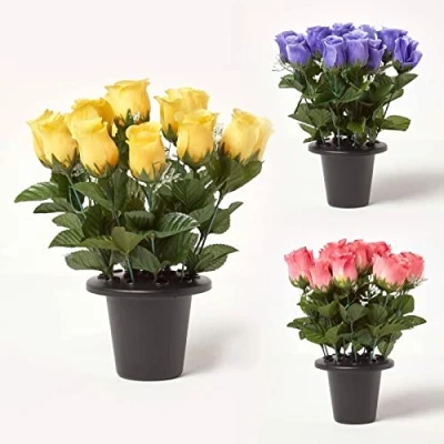 Image of HOMESCAPES Artificial Rosebud &amp; Gypsophila Grave Flowers in Vase/Grave Pot, 30cm, Set of 3