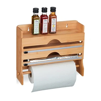 Image of Relaxdays Wall Mounted Kitchen Roll Holder, for Aluminium Foil, Cling Film, Paper, Bamboo, 31 x 39.5 11 cm, Natural, Wood