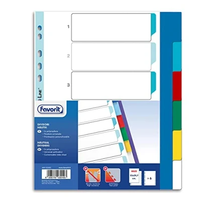 Image of Favorit Universal Hole Dividers for Ring Binders with 6 Coloured Neutral Notes, Polypropylene (Non Toxic Plastic) Formato Interno 23 x 29.7 cm