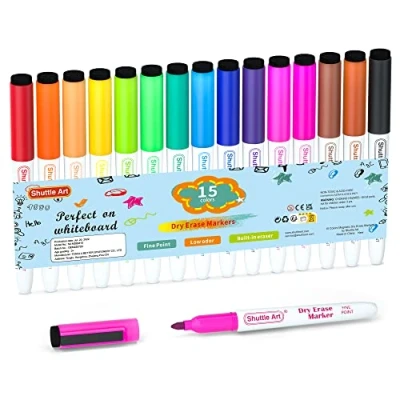 Image of Shuttle Art Whiteboard Pens, 15 Colours Magnetic Makers Fine Tip and Eraser,Dry Wipe White Board Pens for Writing, Dry Erase Markers Whiteboards, Planners, Glass, School Office Home