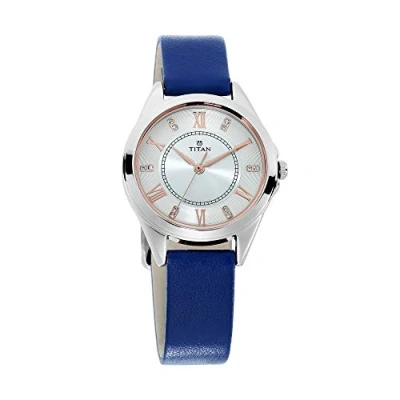 Image of Titan Sparkle White Dial Blue Leather Strap Analog Watch for Women Silver 2