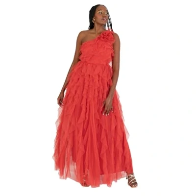Image of Anaya with Love Womens Maxi Ladies One Shoulder Sleeveless Tiered Ruffle Waterfall A line Bridesmaid Wedding Guest Prom Ball Gown Dress, Red, 12 UK