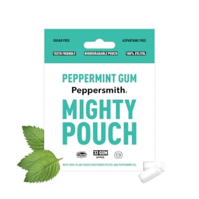 Image of Peppersmith British Peppermint Gum Vegan Friendly 100% Plant Based Xylitol Natural Flavours Freshens Breath Sugar Free Benefits Oral Health Mighty Box 33 Pieces