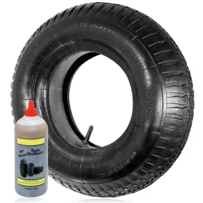 Image of SPARES2GO Wheelbarrow Wheel Tyre and Inner Tube (4.00 8 4.80 8, 35PSi) 9inch + Sealant
