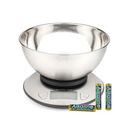 Image of Salter Kitchen Scale with Bowl Multiple Measure, Measures Liquid, 5kg/11lbs Max Capacity, 2l Steel Bowl, LCD Display, Stainless Steel, Dual Use, Perfect for Baking, Cooking, Meal Prepping