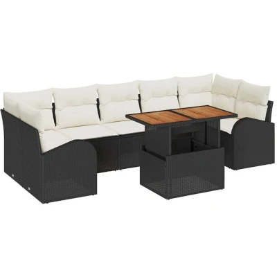 Image of vidaXL 8 Piece Garden Dining Set with Cushions Black Poly Rattan Acacia