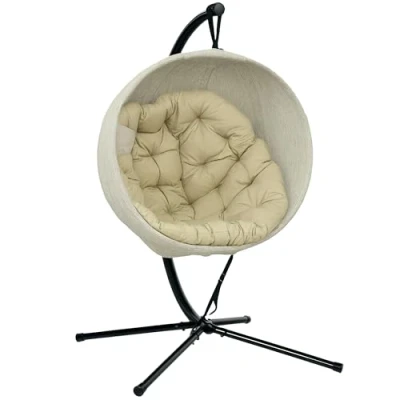 Image of Outsunny Hanging Egg Chair Outdoor Indoor Garden Swing with Folding Basket, Stand, Thickened Cushion, Cup Holder for Patio, Balcony, Khaki