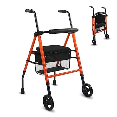 Image of Mobiclinic® Folding Lightweight Walker, Model Nerón, Rollator, 2 Wheels, Walking Frame with European Brand, Height Adjustable, Zimmer Frames, Backrest, Mobility Sturdy, Orange