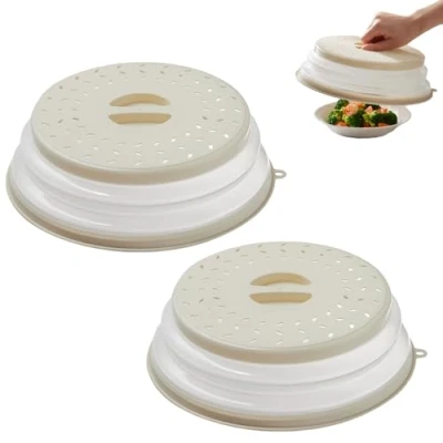 Image of WUMEIJIAJU 2 PCS Microwave Food Cover, Collapsible Splatter Cover Lid for Dishes, Guard Lid, BPA Free TPR, Colander Strainer Kitchen Gadget (White)