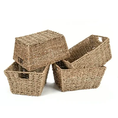 Image of Woodluv Seagrass Storage Baskets, Display Hampers, Set of 4 Hand Woven, Wicker Baskets for Shelves, W/Handles Bedroom &amp; Home Office