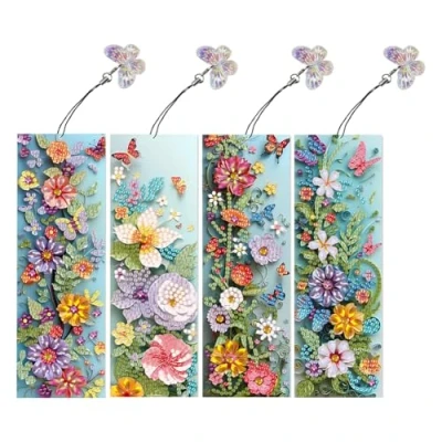 Image of Fiorky 4Pcs 5D DIY Partial Special Shaped Drill Diamond Painting Kit, Butterfly Flower Bookmark Making Kit Art with Pendant for Kids Adults Beginners