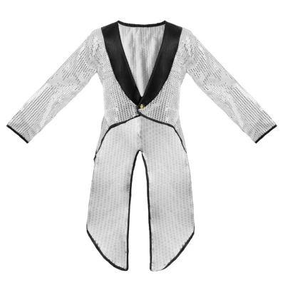 Image of Adults Silver Sequin Tailcoat Fancy Dress XXLarge Long Tailed Jacket With Sequins and Black Lapels Perfect for Charity Events, Dance Shows, Performances Other Events