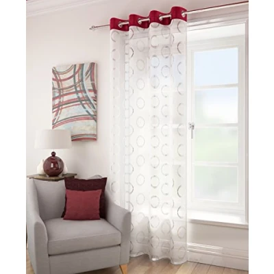 Image of Spiro retro circles red silver white voile 55 x 54 drop inches 140cm 137cm approx plain eyelet ring top sheer elegance curtain door panel