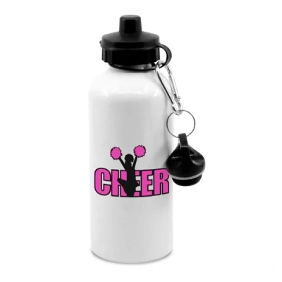 Image of Pink text cheer black figure with pom poms water bottle clip, drinks cup, bottle, water, hydrate, cute, fun, cheer, cheerleader, cheerleading