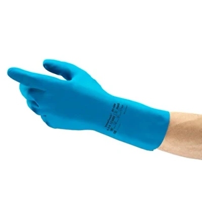 Image of Ansell VersaTouch 87 195 Natural rubber latex gloves, chemical &amp; liquid protection, Blue, Size 7.5 8 (Pack of 12 pairs)