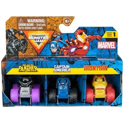 Image of Monster Jam, Marvel Mini Truck 3 Pack, Black Panther, Captain America, Iron Man Die Cast Trucks, 1:87 Scale, Kids’ Toys for Boys Aged and Up