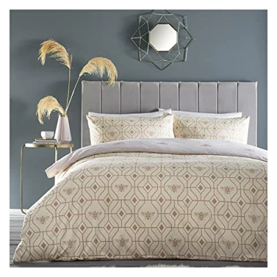 Image of furn. Bee Deco Geometric Duvet Cover Set Champagne Polycotton Size Super King
