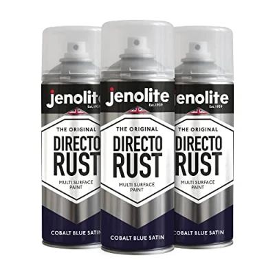 Image of JENOLITE Directorust Spray Paint Satin Finish COBALT BLUE 3 x 400ml Direct To Rust for Metal All In One Multi Surface Metal, Wood, Plastic, Ceramic RAL 5013