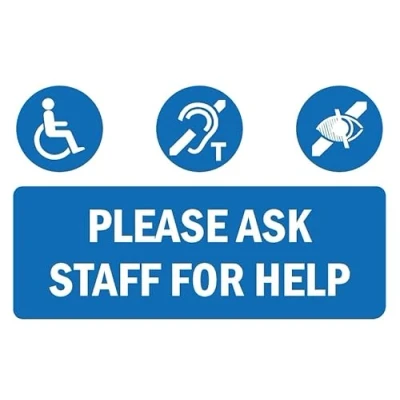 Image of Disabled information please ask staff for help safety sign Self adhesive sticker (300mm x 200mm)