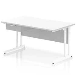 Image of Impulse 1400 x 800mm Scalloped Edge Straight Office Desk White Top Cantilever Leg Workstation 1 Drawer Fixed Pedestal