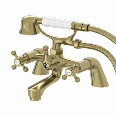 Image of Park Lane® Oxford Bathroom Bath Shower Mixer Tap Handset Hose Attachment Twin Crosshead Handle for Bathtub Traditional, Brushed Brass