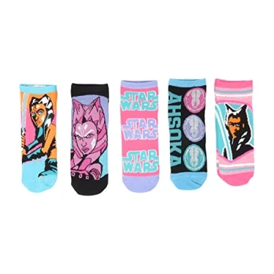 Image of Star Wars Ahsoka Tano Clone Pink Juniors/Womens 5 Pack Ankle Socks Shoe Size 4 10, Black, M L