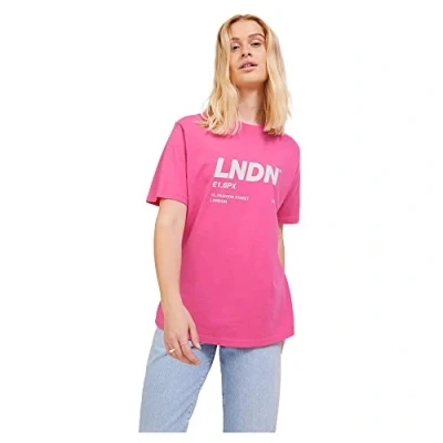 Image of JJXX Women&#039;s Jxbea SS Relaxed Vint Tee Noos T Shirt, Carmine Rose/Print: Bright White Lndn Print, XS