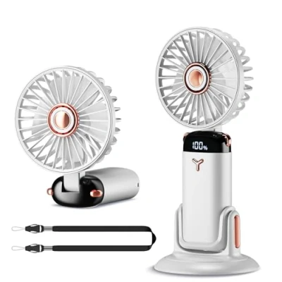 Image of GEMWON Handheld Fan Portable, Mini USB Rechargeable Fans with Lanyard and Detachable Base,4000mAH Battery Operated Electric Foldable Desk Desktop 5 Speed for Home Office Travel White