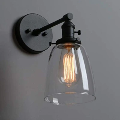 Image of Phansthy Vintage Style Wall Lights Clear Glass Shade, Edison Industrial Sconce E27 Indoor Light Fixtures Loft Bar Kitchen Lamp Lighting (Black)