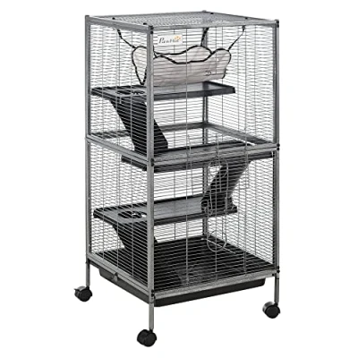Image of PawHut Small Animal Cage with Wheels Pet Home for Chinchillas Ferrets Kittens, Hammock, 4 Platforms, Removable Tray, Silver