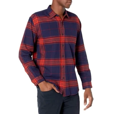 Image of Amazon Essentials Men&#039;s Long Sleeve Flannel Shirt (Available in Big &amp; Tall), Dark Blue Orange Large Plaid, XXL