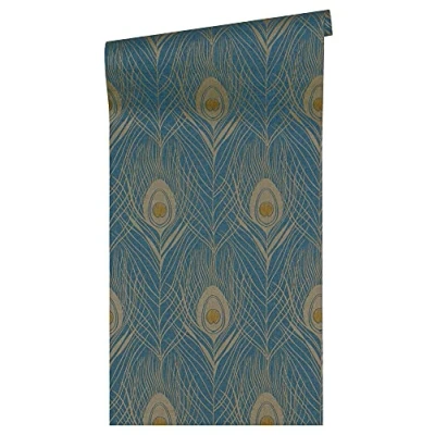Image of A.S. Création Architects Paper Non Woven Wallpaper Absolutely Chic with Peacock Feather 10.05 m x 0.53 Blue Yellow Metallic Made in Germany 369712 36971 2