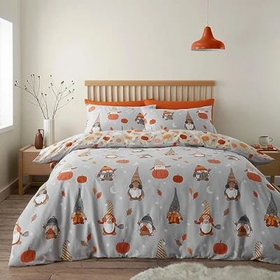 Image of Catherine Lansfield Brushed Cotton Autumn Gonks Reversible Double Duvet Cover Set with Pillowcases Grey