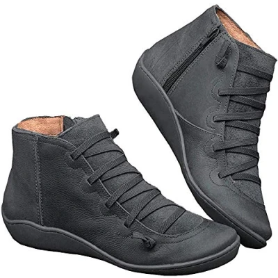 Image of Kinloy Women Leather Ankle Boots Ladies Autumn Vintage Lace Up Comfortable Flat Heel Shoes Zipper Short Soft Sole Slip On Booties Gray Size 7 UK