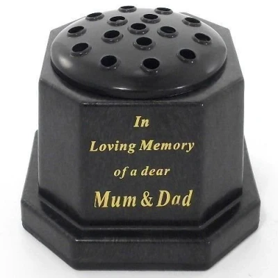 Image of Black topped In loving memory of a dear Mum and Dad memorial pot/grave vase